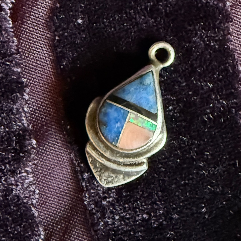 Artisan Sterling Silver Teardrop Necklace with blue- pink and opal stones